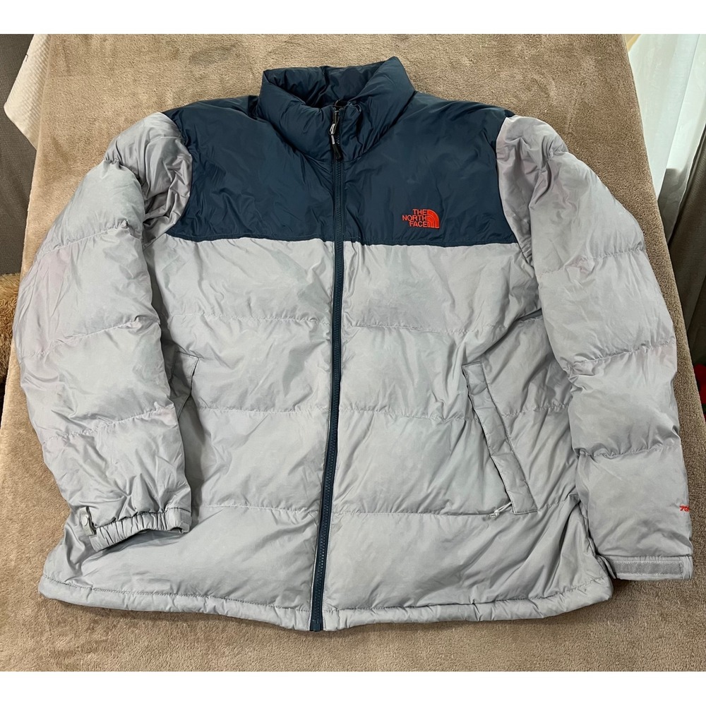The North Face Nuptse Down Puffer Jacket Men's 2XL Gray/Navy Blue Full zip L/S